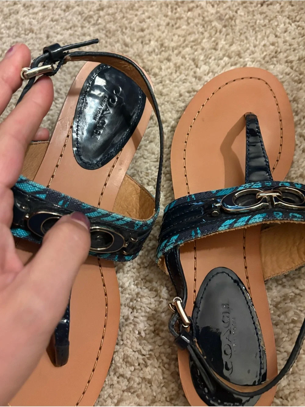 Coach Sammy Sandals in Patent Blue Leather with Enamel Accent